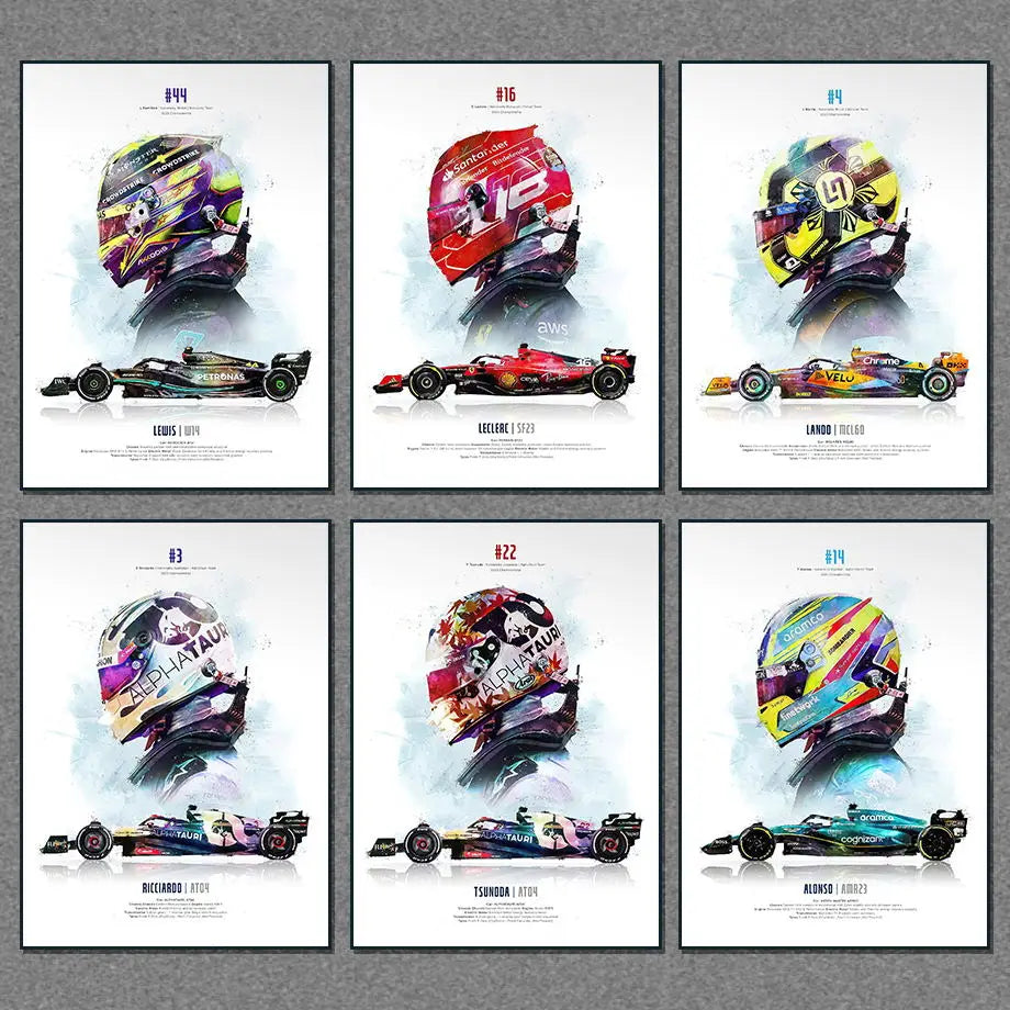 2023 Saison FI Formel 1 Rennhelm Bewegung Pop Aquarell Wandkunst Leinwandmalerei Nordic Poster Wohnzimmer Dekoration