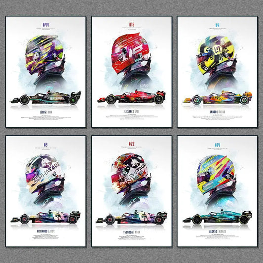 2023 Saison FI Formel 1 Rennhelm Bewegung Pop Aquarell Wandkunst Leinwandmalerei Nordic Poster Wohnzimmer Dekoration