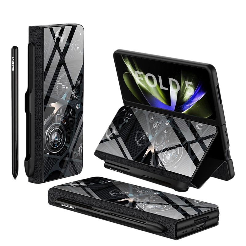 Frendorf | Stoßfeste Rüstungshülle Hülle Glas Abdeckung Ständer Einfügkarte Lederhülle für Samsung Galaxy Z Fold 5/4