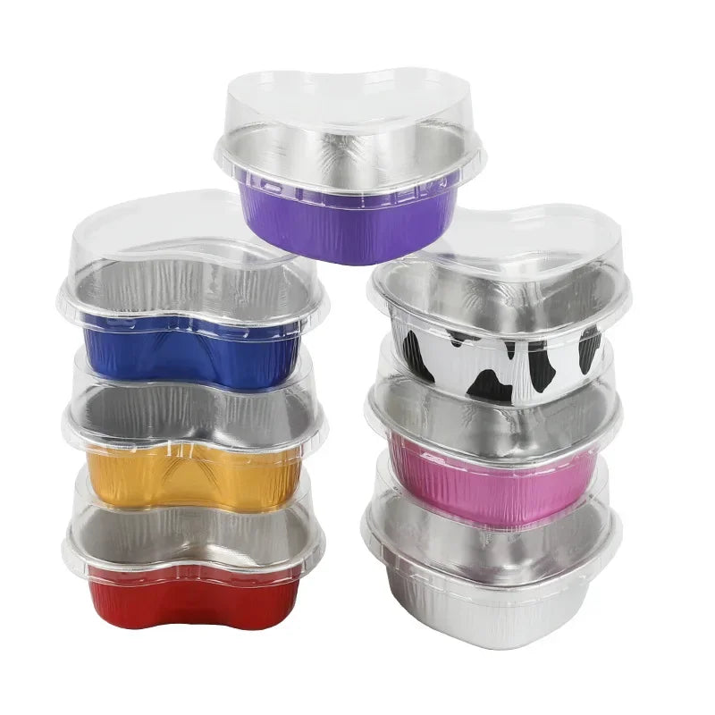50 Stück 100 ml Aluminium Puddingbecher aus Alufolie mit Deckel - Herzförmige Einweg Mini Mousse Cupcake Behälter Backformen