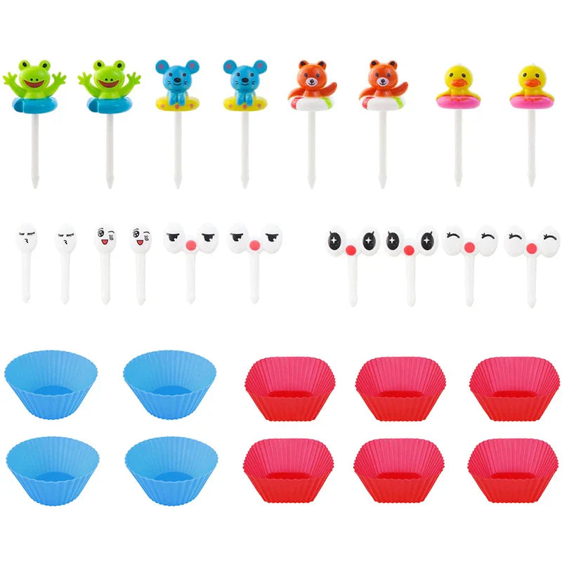 Niedliche Mini Lebensmittelspießchen für Kinder: Tier Cartoon Gabeln mit Ausstecher und Silikon Lunchbox Trennwände - Perfekt für Snacks, Kuchen und Früchte