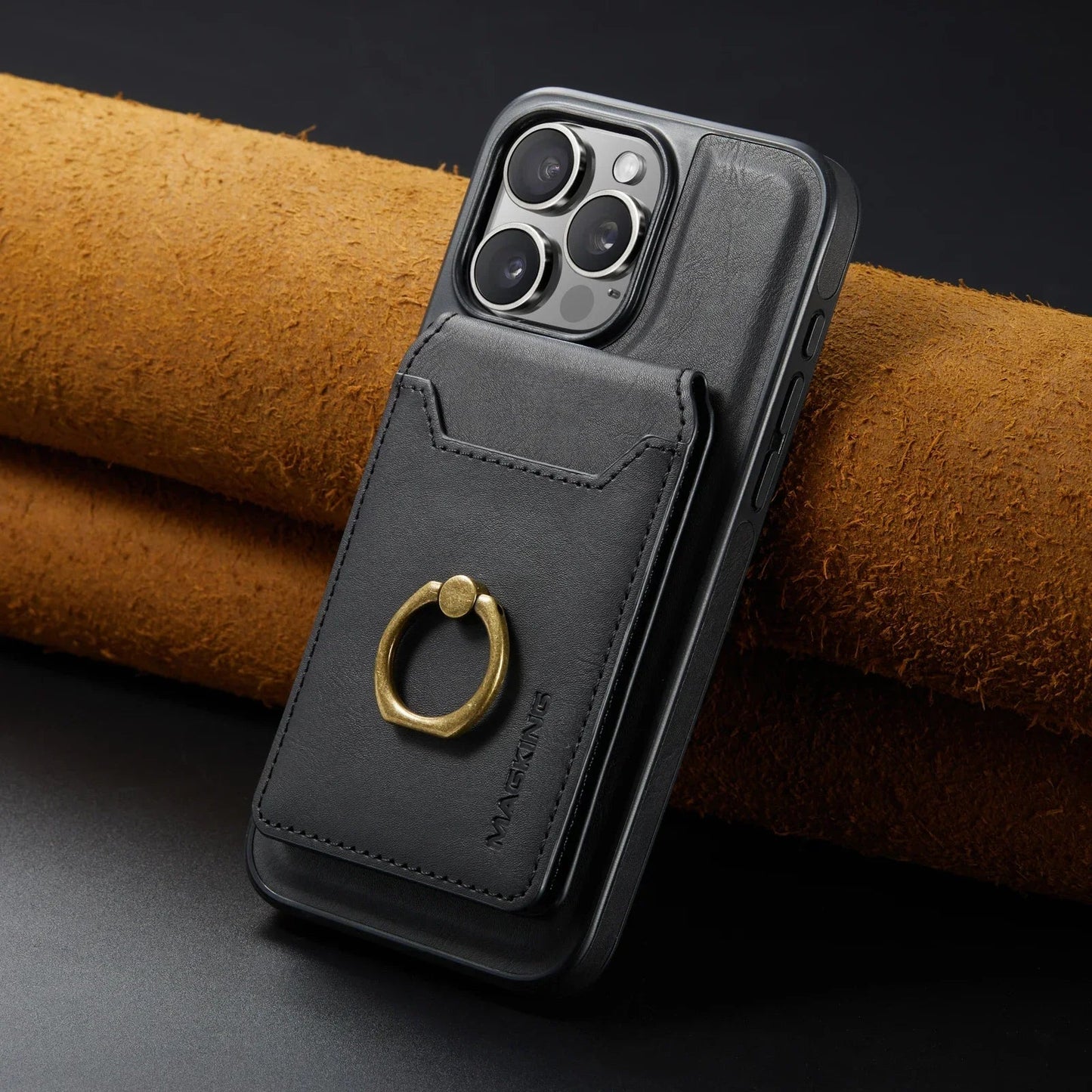 Frendorf | 2 in 1 abnehmbares Leder Karten Slot Ring Halter Wallet Case für iPhone 16 15 14 13 12 Pro Max Plus Magnetische vertikale Tasche Cover