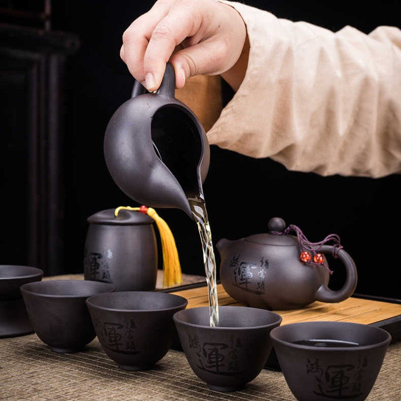 9-teiliges Set Teawere Retro Designer Cool Lila Sand Keramikk Teekannen Set Reise Kong Fu Teeset Porzellan Lila Sand Topf Teesieb