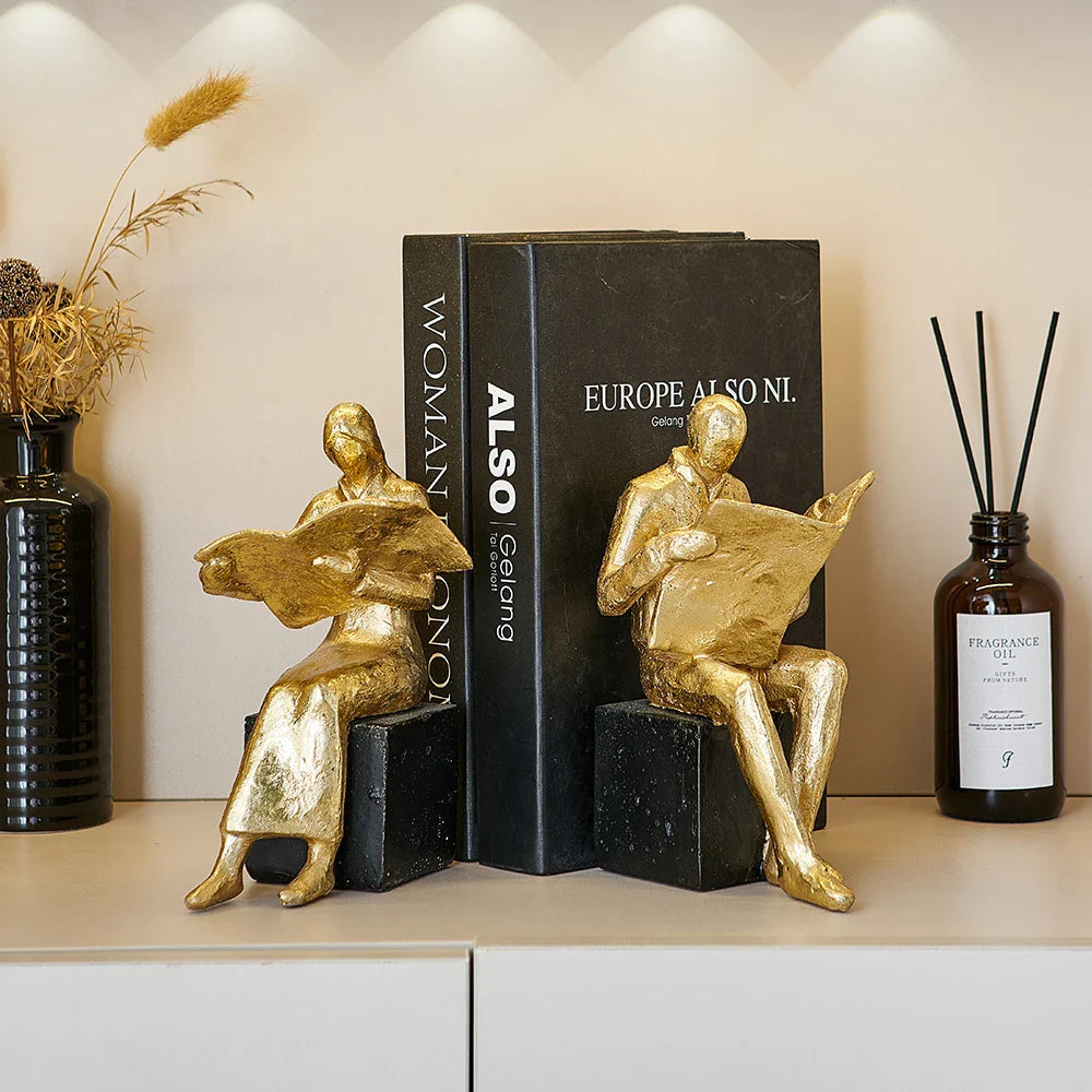 Goldene Lesestatue Wohnkultur Künstlerische Studie Bücherregal Ornament Einfache Buchstütze Harz Miniaturen Handwerk Büro Zubehör