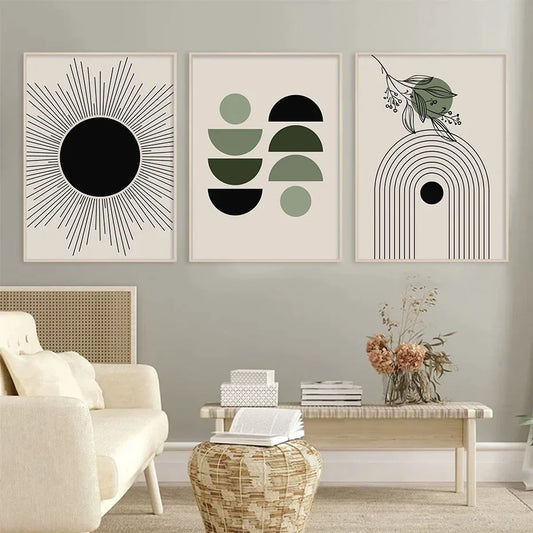 Abstrakte grüne geometrische Blätter Poster Boho Wandkunst Leinwandmalerei Drucke Bilder Modernes Wohnzimmer Innenraum Dekoration