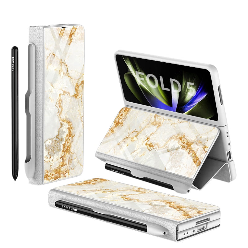 Frendorf | Stoßfeste Rüstungshülle Hülle Glas Abdeckung Ständer Einfügkarte Lederhülle für Samsung Galaxy Z Fold 5/4