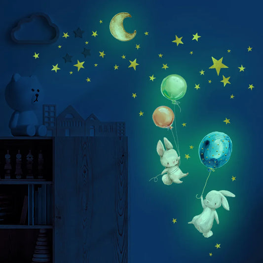 Cartoon Bunny Ballon Wandaufkleber Schlafzimmer Wohnzimmer Heimdekoration Kinderzimmer Tapete Leuchtet Im Dunkeln Süße Hasenaufkleber