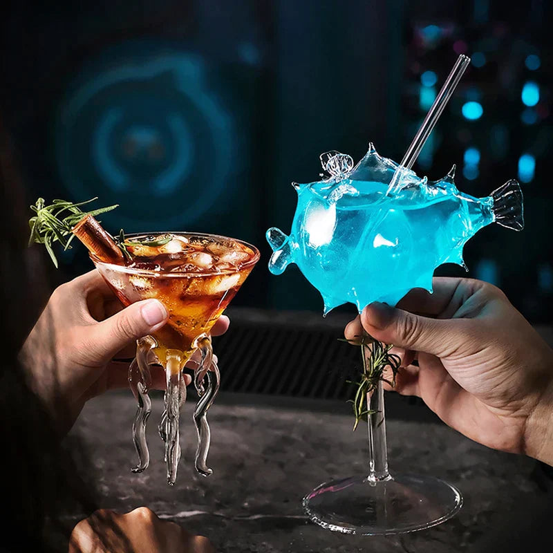 Frendorf | AquaSpirits Kreatives Cocktailglas | Transparentes Design mit Strohhalm | Pufffisch, Oktopus, Schwan & Vogel | Perfekt für Party & Bar