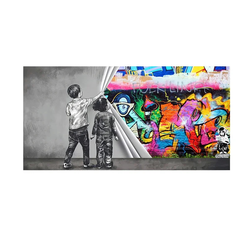 Nordic Minimalist Wall Art Bank Graffiti Funny Two Kids HD Canvas Poster Print Home Bedroom Living Room Decoration Gifts