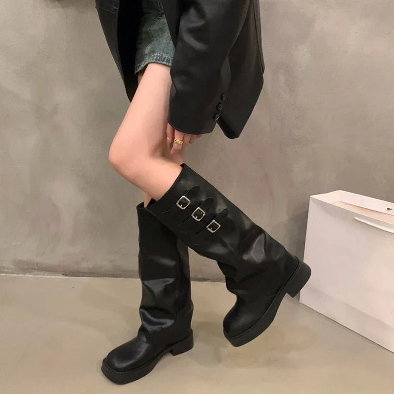Frendorf | Retro-Stil Kniehohe Stiefel Damen Mode Damen Slip-On Ritter Lange Stiefel Herbst Winter Damen Schuhwerk