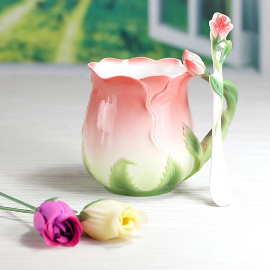 3D Rose Blume Kaffeetasse Keramik Kaffeetassen Niedliche ästhetische Wasserbecher mit Löffel Sommer Winter Trinkgeschirr Valentinstag Geschenke