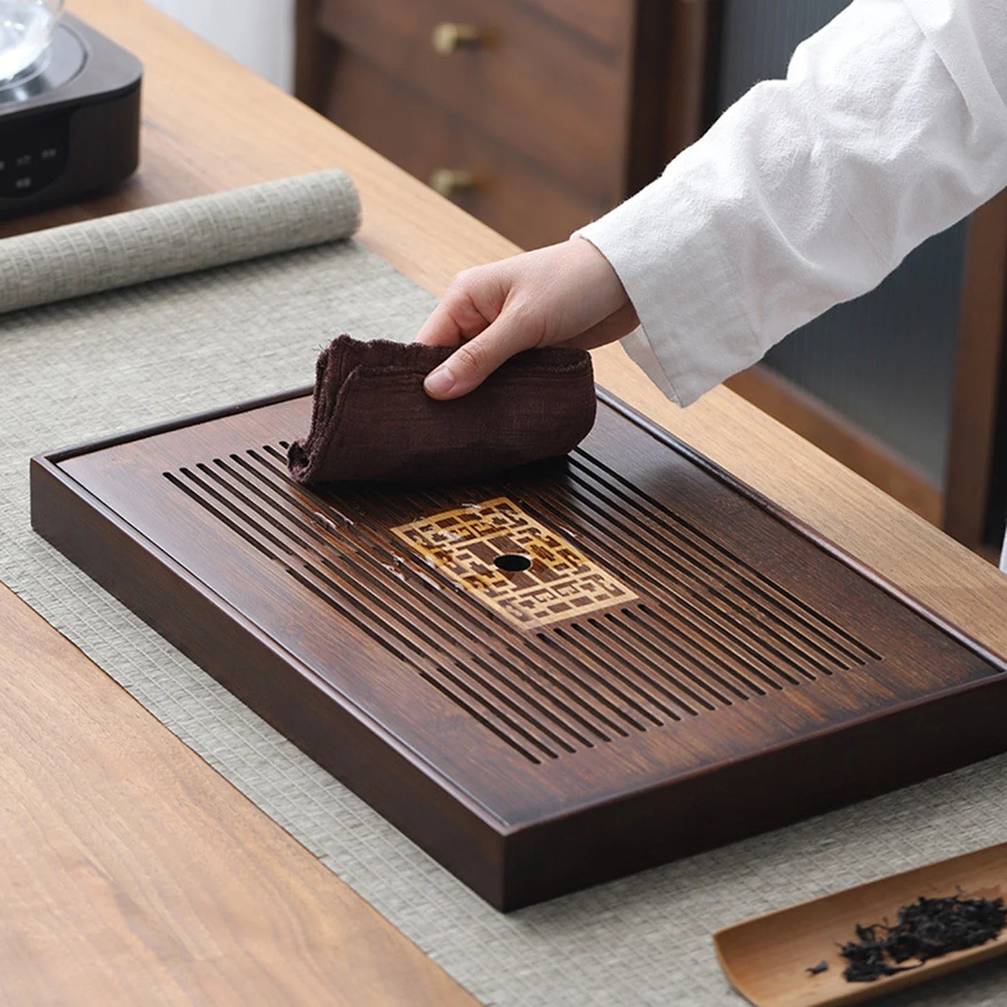 Chinese Tea Tray with Water Storage Box Durable Simple Drainage Type Plate Tea Serving Tray for Teahouse Home Household Office
