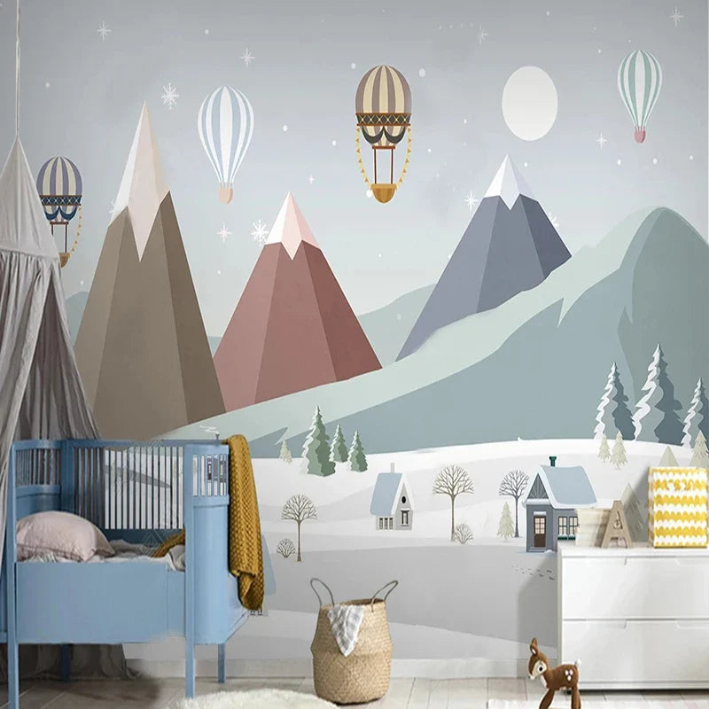 Frendorf | Geometrisches Bergdorf und Ballons Wandgemälde Tapete