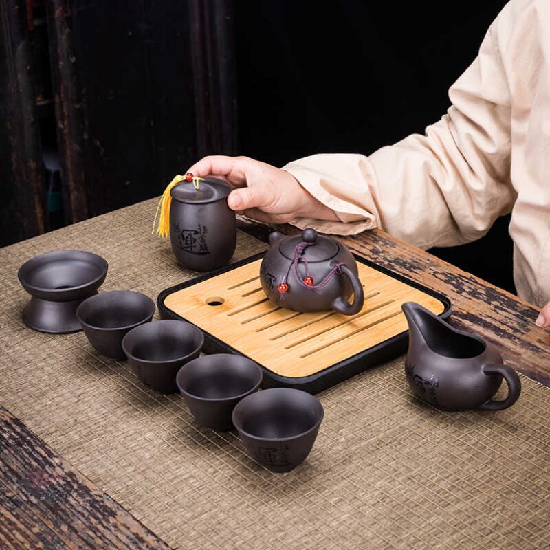 9-teiliges Set Teawere Retro Designer Cool Lila Sand Keramikk Teekannen Set Reise Kong Fu Teeset Porzellan Lila Sand Topf Teesieb