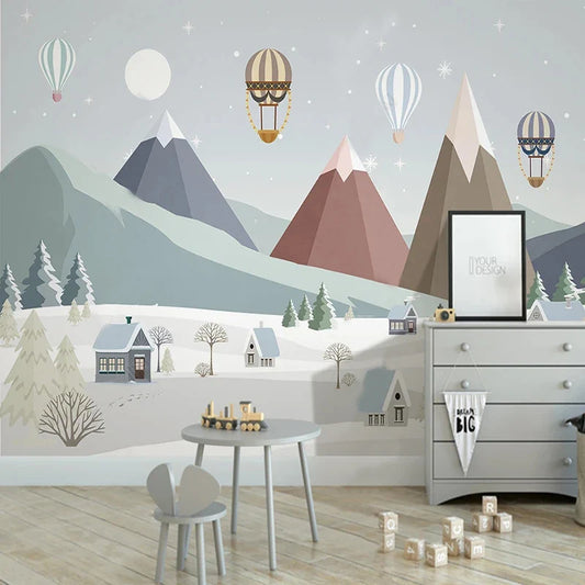 Frendorf | Geometrisches Bergdorf und Ballons Wandgemälde Tapete