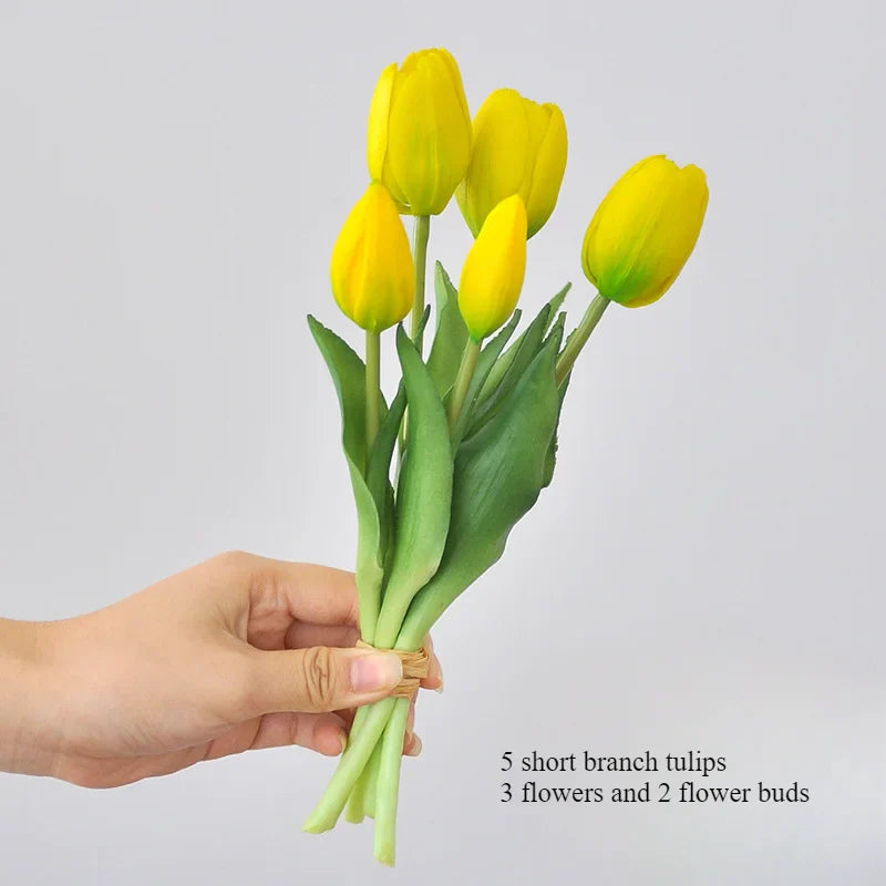 Frendorf | 5 kurze Pole Tulpen Kunstblumen – weiche Gummi-Seiden-Tulpen für Wohnkultur, Hochzeiten und Fotografie-Requisiten
