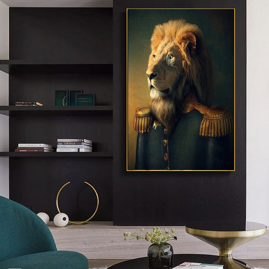 Abstrakter Löwe in Militäruniform, Leinwandgemälde an der Wand, Kunstposter und Drucke, lustige Kunst, Tiere, Bild, Heimdekoration