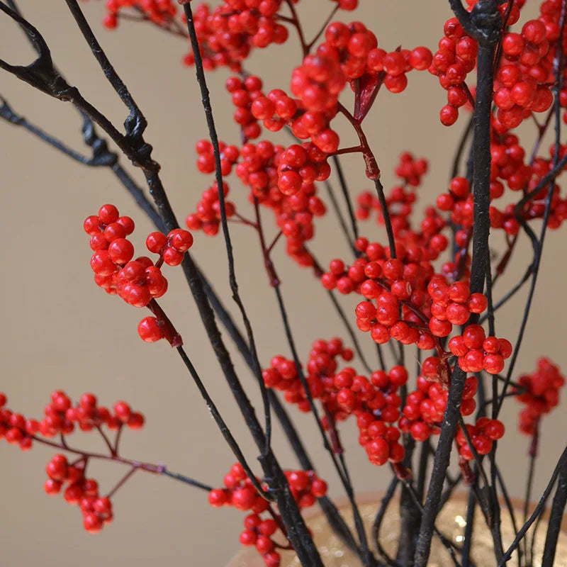 Frendorf | 120CM Chinesischer Stil Zen Blumenarrangement – Künstliche rote Beeren und grüne Obstspieße für Zuhause, Teetisch und Winterdekoration