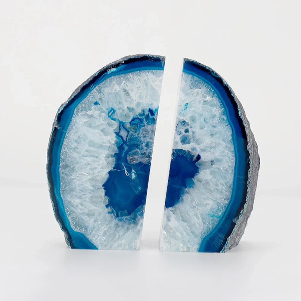 Frendorf | AurumEdge Blaue Achat-Buchstützen | 2er Set | Elegante Steindeko für Zuhause & Büro | Natürliche Edelstein-Optik