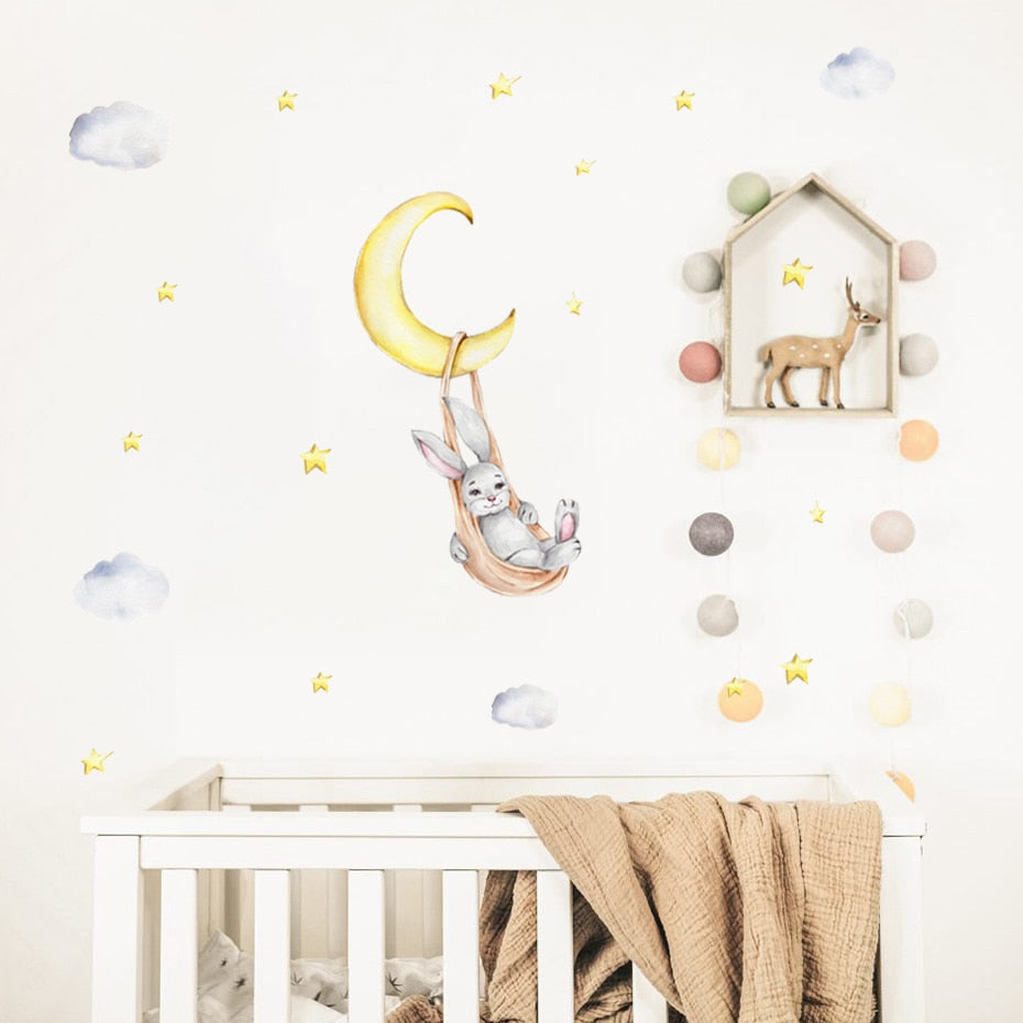 Frendorf | Cartoon Wandtattoos Hase Mond Sterne Wolken
