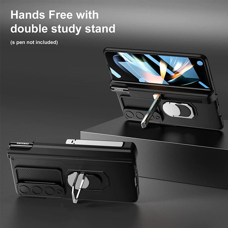 Frendorf | Luxus-Hülle mit S Pen Halterung und Scharnier-Bildschirm-Schutzring-Ständer-Hülle für Samsung Galaxy Z Fold 5 Z Fold 4
