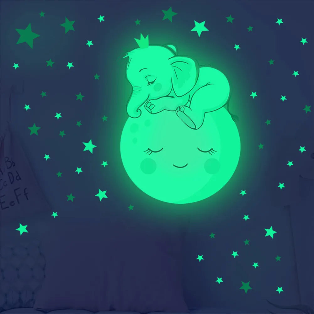 Moon Baby Elephant Sleeping Luminous Wall Sticker Baby Kids Room Bedroom Decoration Decals Glow In The Dark Home Decor Stickers