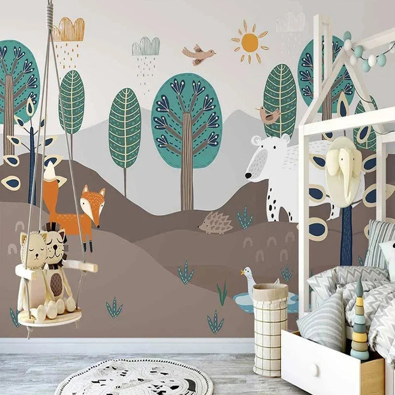 Frendorf | Geschichtete Waldlandschaft mit Fuchs und Bär Wandmural Tapete