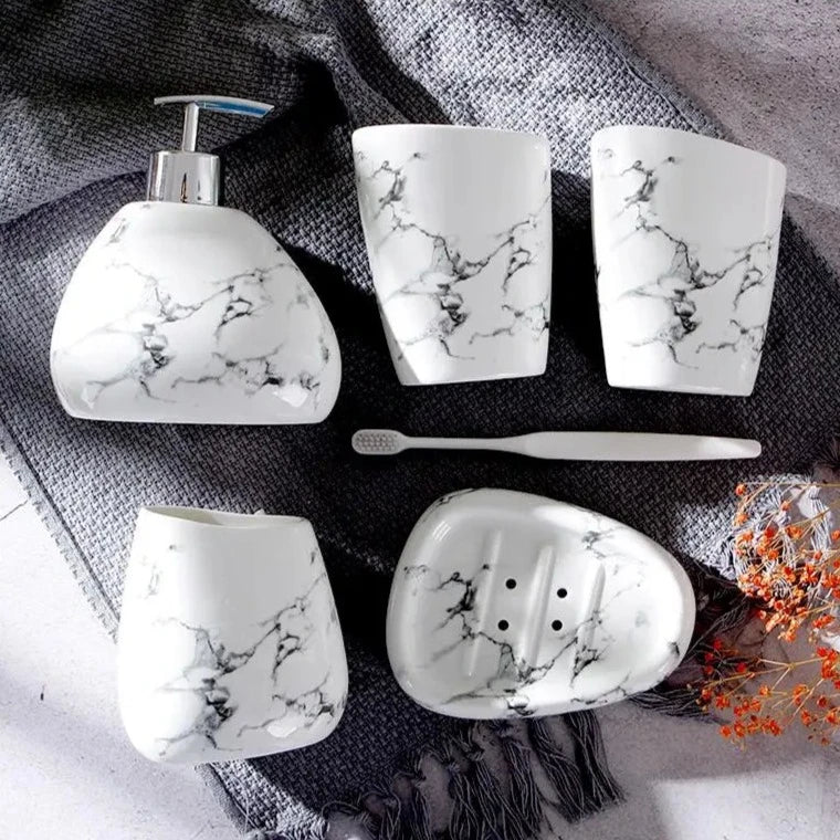 Frendorf | MarmoLuxe Badezimmer-Set 7-teilig | Elegantes Marmor-Design | Luxuriöse & Praktische Badaccessoires