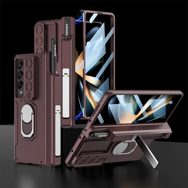 Frendorf | Luxus-Hülle mit S Pen Halterung und Scharnier-Bildschirm-Schutzring-Ständer-Hülle für Samsung Galaxy Z Fold 5 Z Fold 4