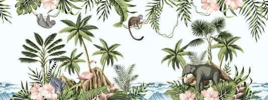 Frendorf | Elefant Affen und Flamingo Tropische Pflanzen Tapete Wandbild