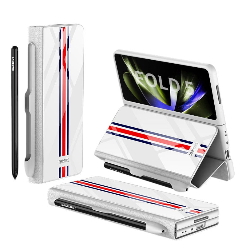 Frendorf | Stoßfeste Rüstungshülle Hülle Glas Abdeckung Ständer Einfügkarte Lederhülle für Samsung Galaxy Z Fold 5/4