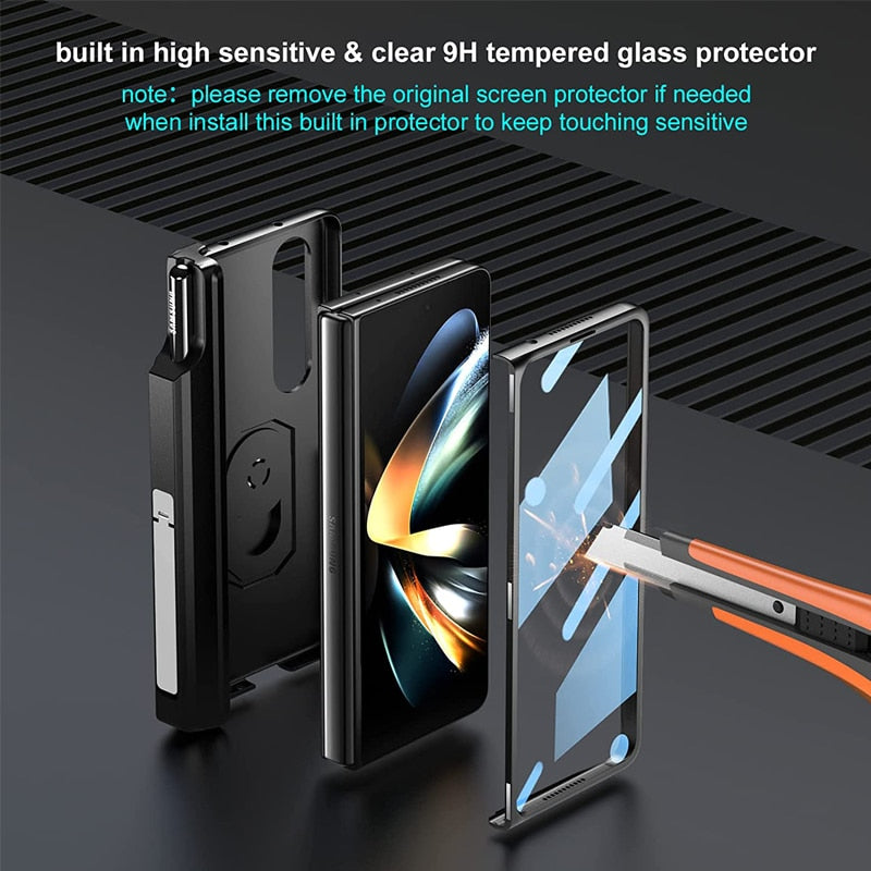 Frendorf | Luxus-Hülle mit S Pen Halterung und Scharnier-Bildschirm-Schutzring-Ständer-Hülle für Samsung Galaxy Z Fold 5 Z Fold 4