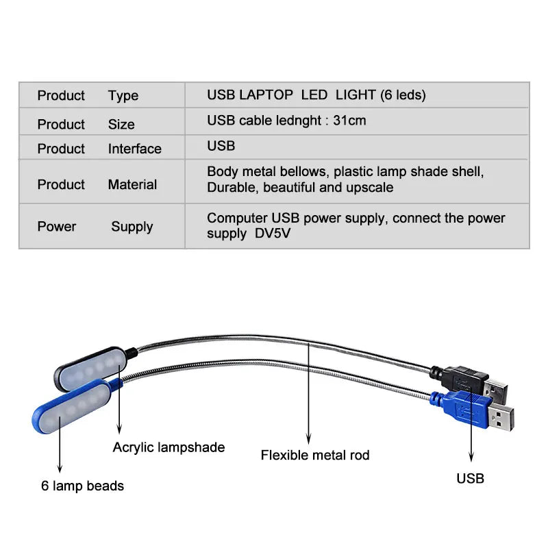 Tragbare USB LED Mini Buchlicht - Flexible 6 LEDs für Power Bank, Laptop, Notebook, PC