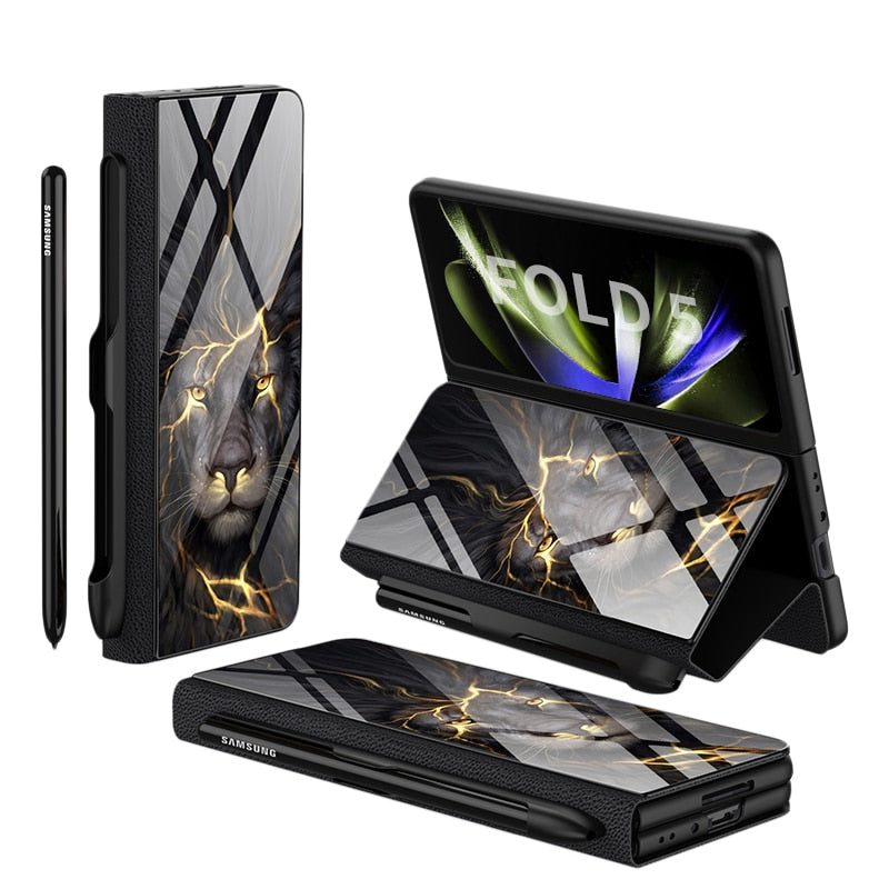 Frendorf | Stoßfeste Rüstungshülle Hülle Glas Abdeckung Ständer Einfügkarte Lederhülle für Samsung Galaxy Z Fold 5/4