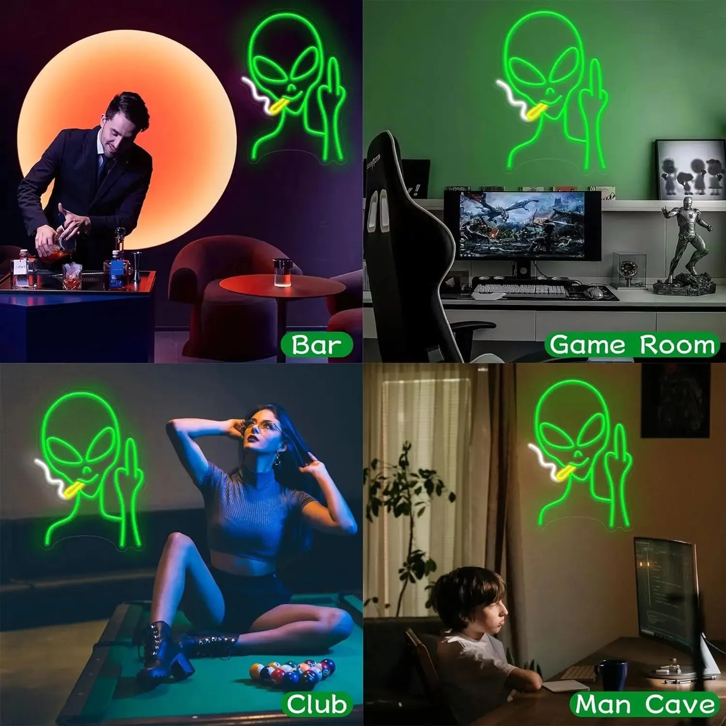 Grünes Alien-Neonschild für Zimmer, grüne Wanddekoration, Dekoration für Spielzimmer, Hip-Hop-Party-LED-Schild für Teenagerzimmer, Wohnwand, Partyleuchte