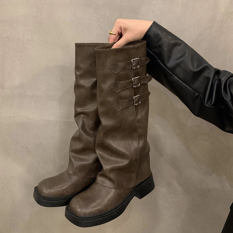 Frendorf | Retro-Stil Kniehohe Stiefel Damen Mode Damen Slip-On Ritter Lange Stiefel Herbst Winter Damen Schuhwerk