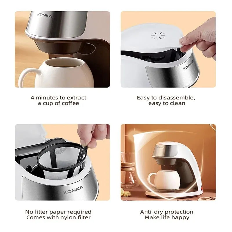 KONKA Kaffeemaschine 2 in 1, Tee- und Kaffeepulver, mehrere Tropfen, Cafeteria, schnelles Aufheizen, Büro und Zuhause, 220 V, einfache Bedienung