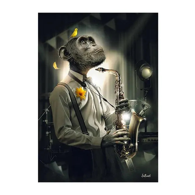 Reh Kaninchen Gorilla Jazz Affe Katze rauchende Leinwandmalerei Tier Poster und Drucke Moderne Wandkunst Bild für Badezimmerdekoration
