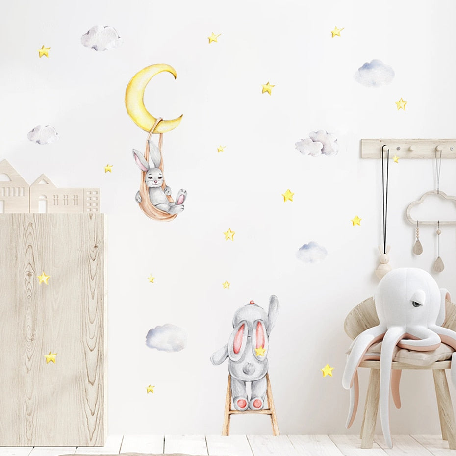 Frendorf | Cartoon Wandtattoos Hase Mond Sterne Wolken