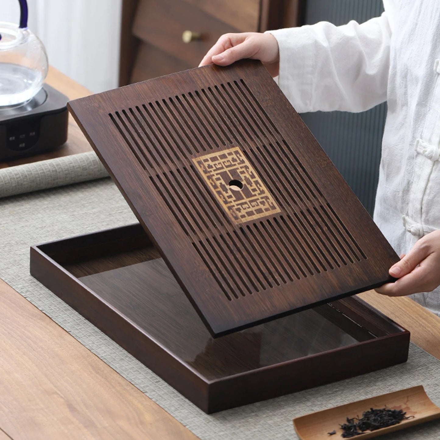 Chinese Tea Tray with Water Storage Box Durable Simple Drainage Type Plate Tea Serving Tray for Teahouse Home Household Office
