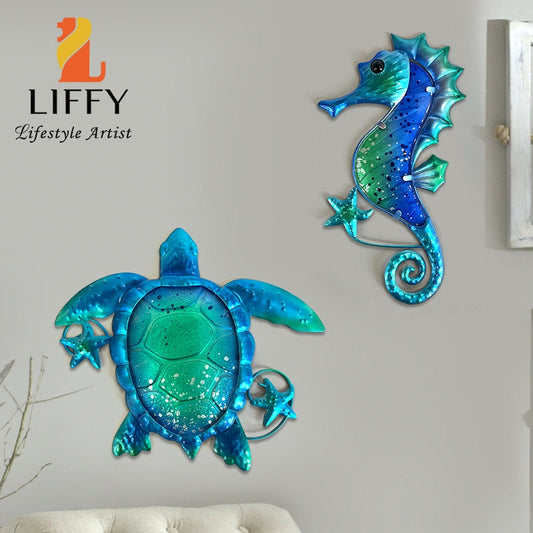 Metalblaue Meeresschildkröte-Seepferdchen mit Glas-Wandkunst für Wohnraum Dekorationsobjekte Skulptur Statue für Wohnzimmer Badezimmer Pool