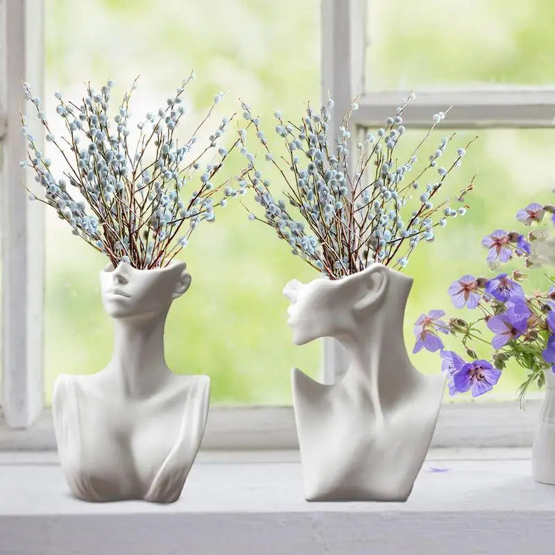 Elegante weiße Gesichtsmuster-Vase | Keramische Vase perfekt für Blumen oder Federn
