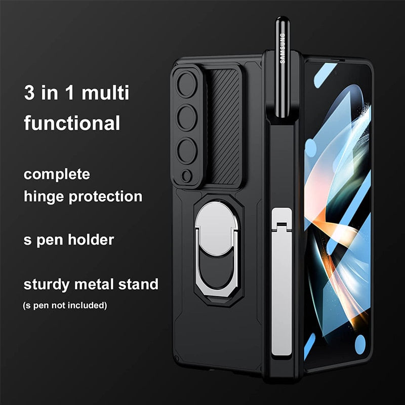 Frendorf | Luxus-Hülle mit S Pen Halterung und Scharnier-Bildschirm-Schutzring-Ständer-Hülle für Samsung Galaxy Z Fold 5 Z Fold 4