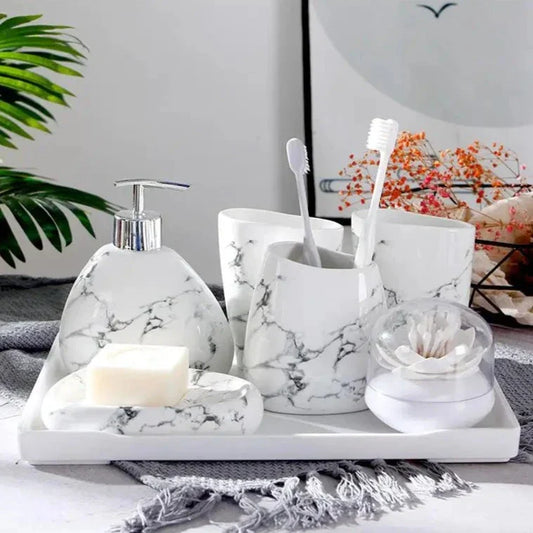 Frendorf | MarmoLuxe Badezimmer-Set 7-teilig | Elegantes Marmor-Design | Luxuriöse & Praktische Badaccessoires
