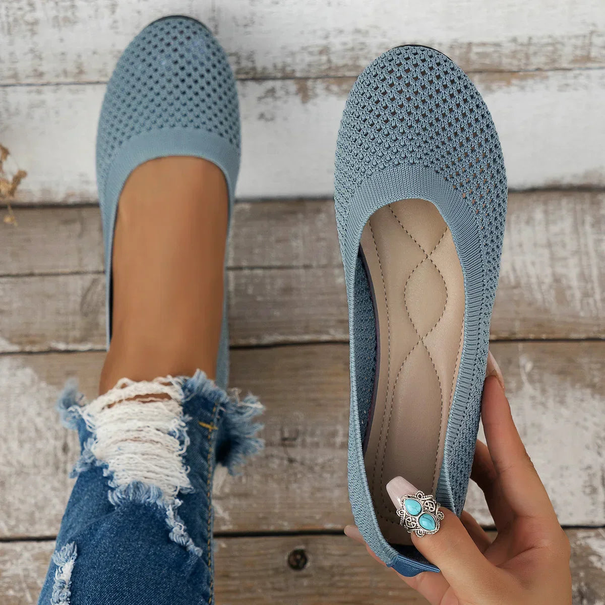 Frendorf | Frauen Rundzehen-Flachschuhe Einfarbige Strickslippers Legere Atmungsaktive Ballerinas Frauen Flachschuhe Loafers Frauen