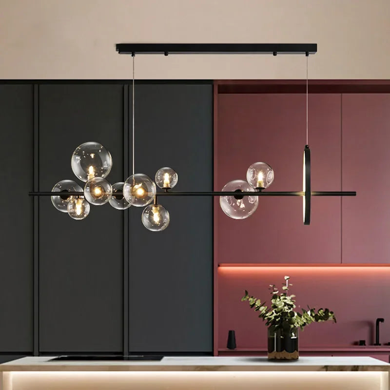 Moderne kreative Metall-Kronleuchter-Beleuchtung: 7/10 klare Glasblasen, langes rundes Design mit G9 Lichtfassung