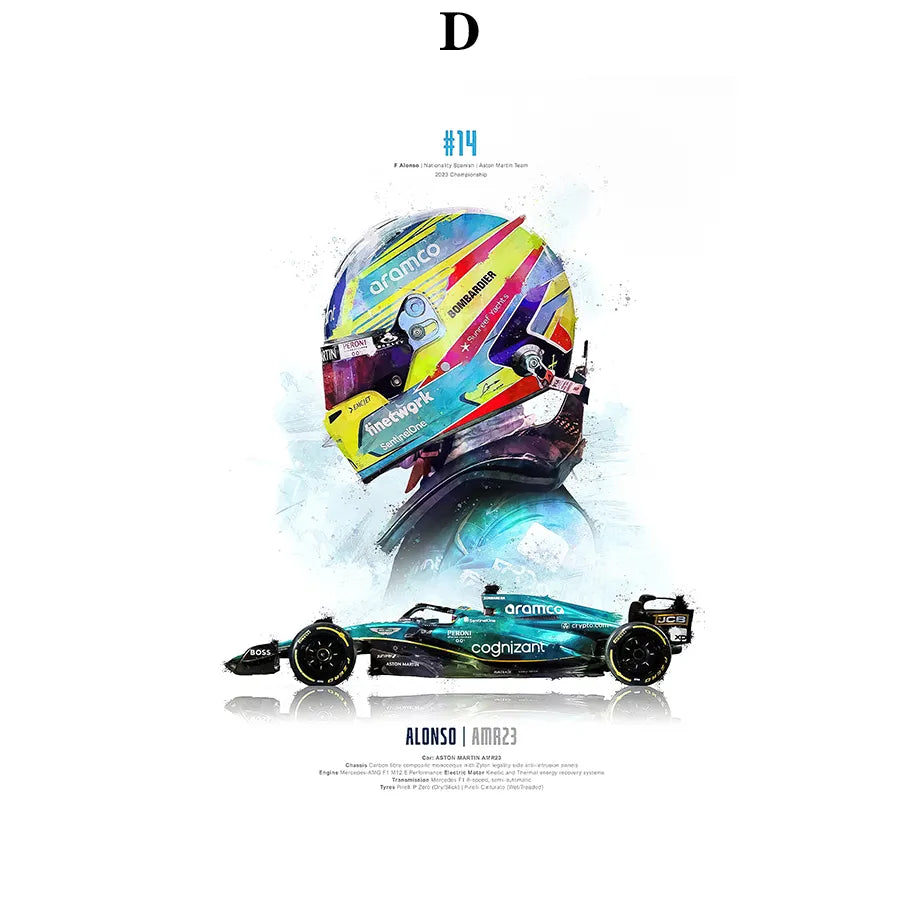 2023 Saison FI Formel 1 Rennhelm Bewegung Pop Aquarell Wandkunst Leinwandmalerei Nordic Poster Wohnzimmer Dekoration