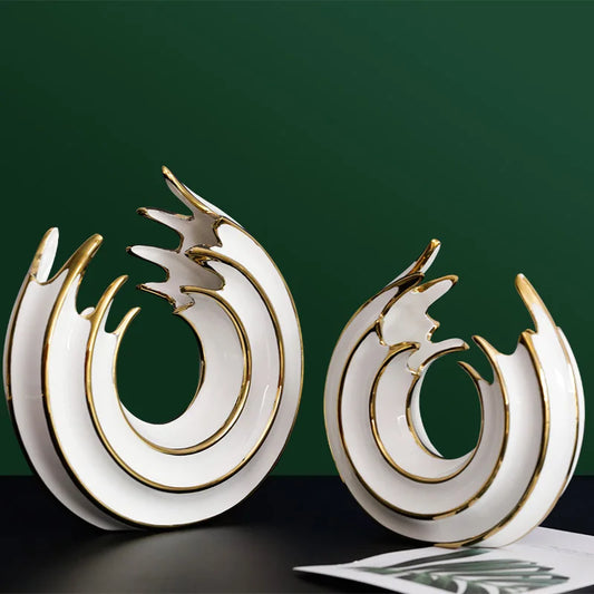 Frendorf | Aurivella Grace Vase | Weiß & Gold | Wellenform Porzellan | Elegante Tischdekoration für Wohnkultur & Blumenarrangement