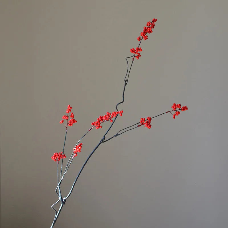 Frendorf | 120CM Chinesischer Stil Zen Blumenarrangement – Künstliche rote Beeren und grüne Obstspieße für Zuhause, Teetisch und Winterdekoration