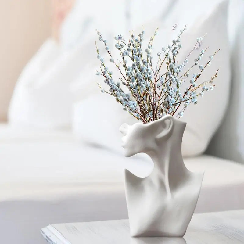 Elegante weiße Gesichtsmuster-Vase | Keramische Vase perfekt für Blumen oder Federn